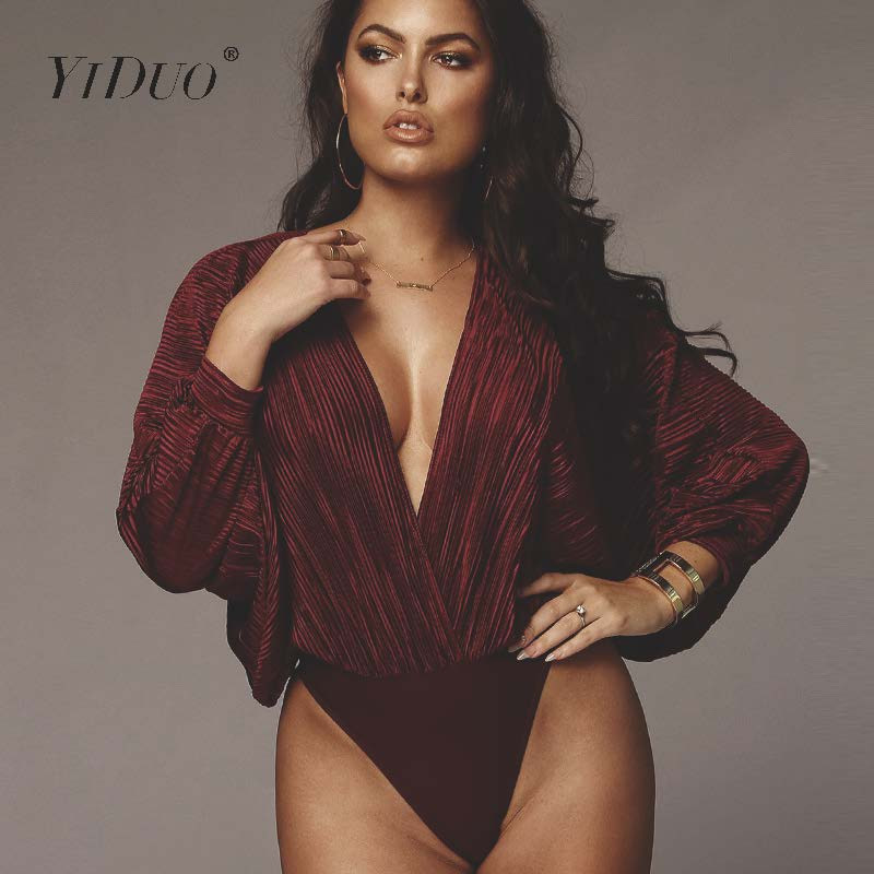 Body vintage YiDuo, cu decolteu în V adânc, mozaic, cu mânecă lanternă, pentru fitness, sexy, pentru petrecere, toamnă iarna 2019, body casual