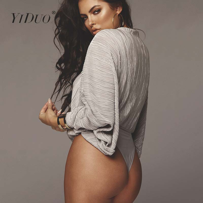 Body vintage YiDuo, cu decolteu în V adânc, mozaic, cu mânecă lanternă, pentru fitness, sexy, pentru petrecere, toamnă iarna 2019, body casual