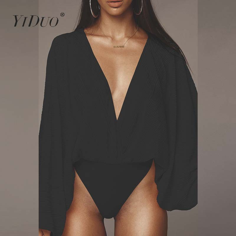 Body vintage YiDuo, cu decolteu în V adânc, mozaic, cu mânecă lanternă, pentru fitness, sexy, pentru petrecere, toamnă iarna 2019, body casual