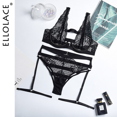 Ellolace apatinis trikotažas Seksualūs nėrinių erotiniai rinkiniai tuščiaviduriai liemenėlė G-Strings trumpi odos priežiūros rinkiniai Egzotiški 2 dalių apatiniai