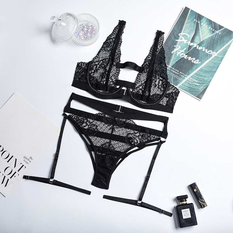 Ellolace apatinis trikotažas Seksualūs nėrinių erotiniai rinkiniai tuščiaviduriai liemenėlė G-Strings trumpi odos priežiūros rinkiniai Egzotiški 2 dalių apatiniai