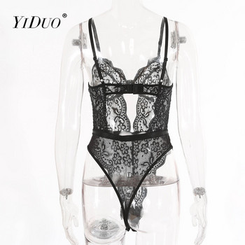 YiDuo Sexy Lace Hollow Out Black Bodysuit Прозрачно боди без ръкави Bodycon Body Top Дамски Push Up Бяло Мрежесто Боди Лято