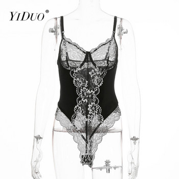 YiDuo Vintage Lace Mesh Floral Embroidery Women Bodysuit See Through Секси черни кадифени бодита Тънко бельо Боди Femme
