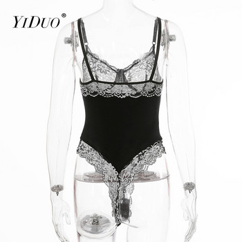 YiDuo Vintage Lace Mesh Floral Embroidery Women Bodysuit See Through Секси черни кадифени бодита Тънко бельо Боди Femme