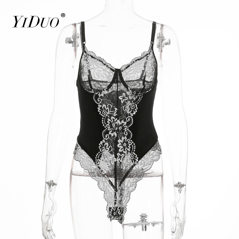 YiDuo Vintage Dantela Mesh Broderie Florală Femei Body See Through Sexy Negru Catifea Body Body Slim Lenjerie Body Femeie