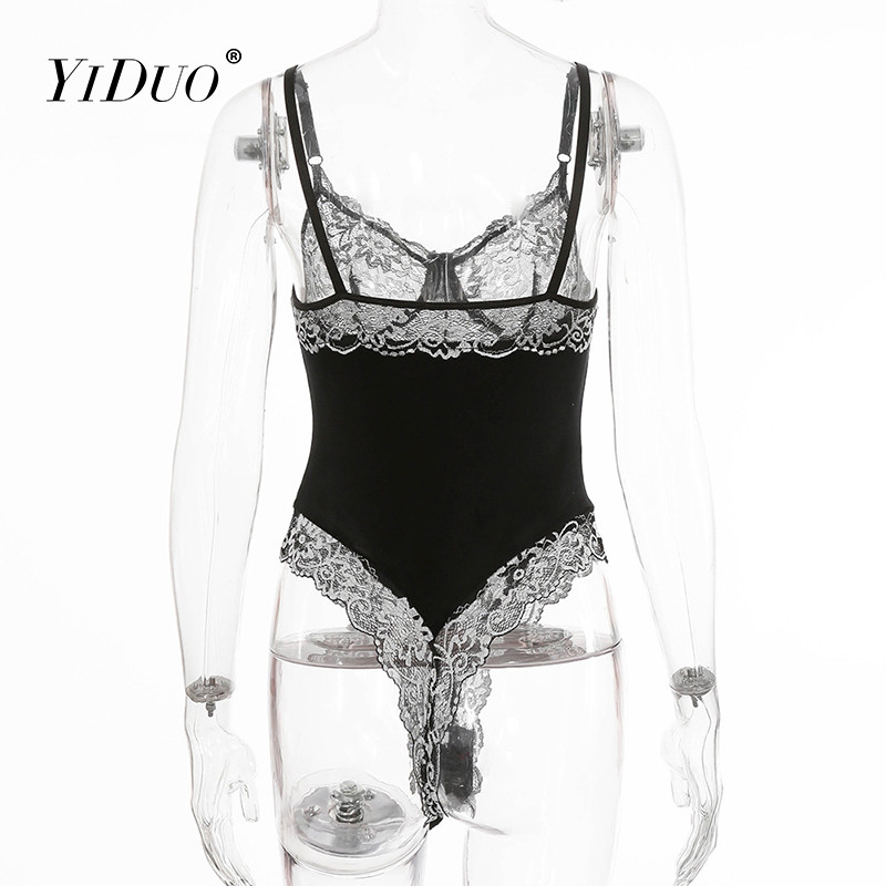 YiDuo Vintage Dantela Mesh Broderie Florală Femei Body See Through Sexy Negru Catifea Body Body Slim Lenjerie Body Femeie