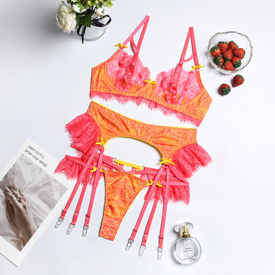 Aduloty Lenjerie sexy pentru femei de vară nou sutien subțire din dantelă cu volană jartieră tanga set de 3 bucăți lenjerie erotică la modă de înaltă calitate
