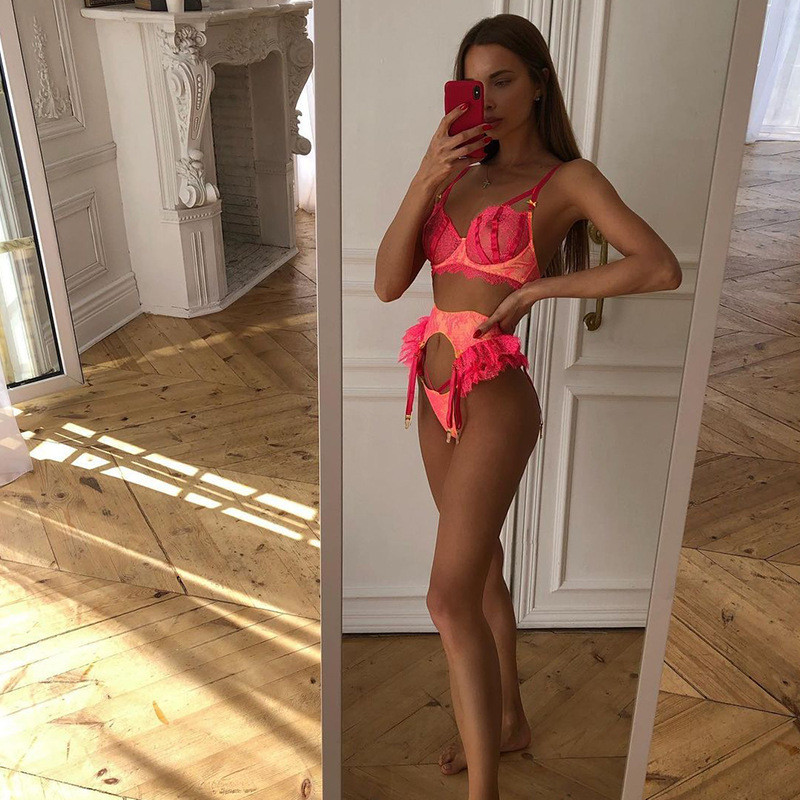 Aduloty Lenjerie sexy pentru femei de vară nou sutien subțire din dantelă cu volană jartieră tanga set de 3 bucăți lenjerie erotică la modă de înaltă calitate