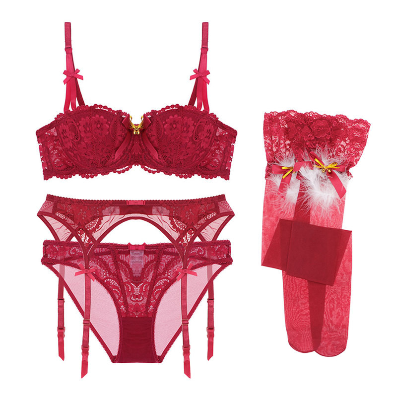 Varsbaby σέξι χριστουγεννιάτικο στιλ μισό φλιτζάνι εσώρουχα push up σουτιέν σετ 4 τμχ σουτιέν + κιλότα + καλτσοδέτες + κάλτσες