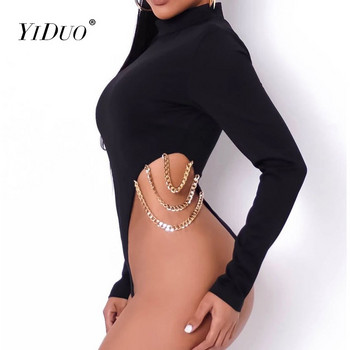 Φορμάκι YiDuo Μεταλλική Αλυσίδα Bodycon O λαιμό μακρύ μανίκι μαύρες γυναικείες χειμερινή μόδα Σέξι λεπτές γυναικείες φόρμες κορμιού