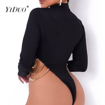YiDuo Metal Chain Bodycon Bodysuit O деколте с дълъг ръкав Едноцветни черни дамски зимни модни секси тънки дамски боди гащеризони