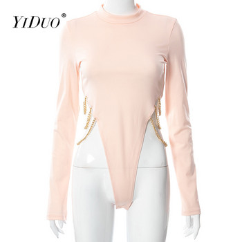 YiDuo Metal Chain Bodycon Bodysuit O деколте с дълъг ръкав Едноцветни черни дамски зимни модни секси тънки дамски боди гащеризони
