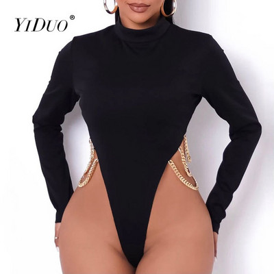 YiDuo Metāla ķēdes Bodycon Bodijs O Kakls Garām Piedurknēm Vienkrāsains Melns Sieviešu ziemas Modes Sexy Slim Sieviešu Bodycon Top Kombinezoni