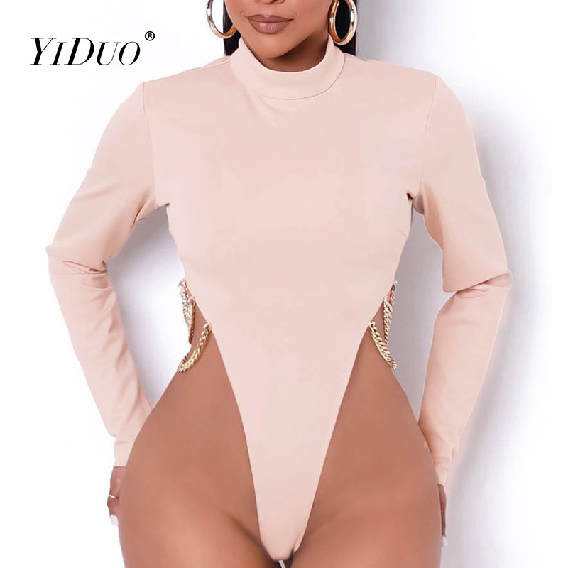 YiDuo Metāla ķēdes Bodycon Bodijs O Kakls Garām Piedurknēm Vienkrāsains Melns Sieviešu ziemas Modes Sexy Slim Sieviešu Bodycon Top Kombinezoni