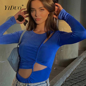 Синьо боди YiDuo Модно секси дамско боди с неправилни изрезки с дълъг ръкав Улично облекло 2022 Пролетно парти боди