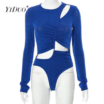 YiDuo Μπλε ολόσωμο Μόδα Σέξι Γυναικείες Ακανόνιστες Κόψιμο Μακρυμάνικο Κορμάκι Μπλουζάκι Streetwear Ανοιξιάτικο πάρτι 2022