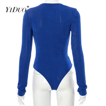 YiDuo Μπλε ολόσωμο Μόδα Σέξι Γυναικείες Ακανόνιστες Κόψιμο Μακρυμάνικο Κορμάκι Μπλουζάκι Streetwear Ανοιξιάτικο πάρτι 2022