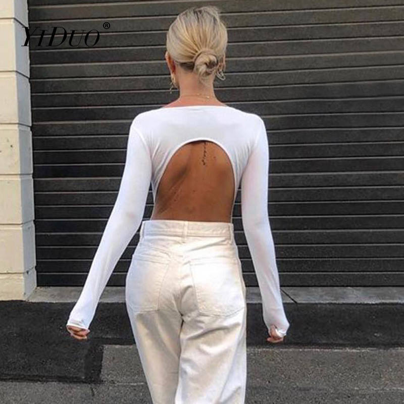YiDuo Body dintr-o bucată fără spate pentru femei, sexy, cu mânecă lungă, salopete, toamnă, iarnă, bodycon, negru, alb, pentru petrecere, topuri