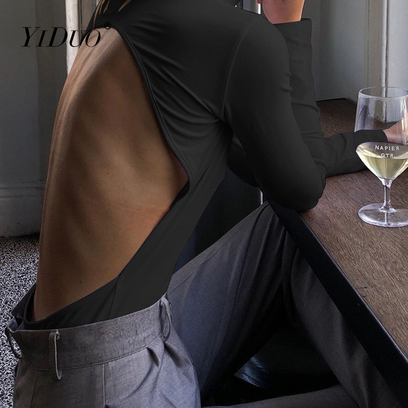 YiDuo Body dintr-o bucată fără spate pentru femei, sexy, cu mânecă lungă, salopete, toamnă, iarnă, bodycon, negru, alb, pentru petrecere, topuri