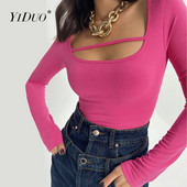 YiDuo Sexy la modă cu mânecă lungă Bodycon Topuri negru plin decupat subțire Body femei primăvară 2022 salopetă cu gât pătrat Streetwear