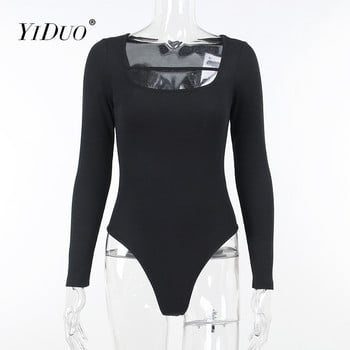 YiDuo Секси модни блузи с дълги ръкави, черни, едноцветни, тънки бодита, дамски гащеризон с квадратно деколте, пролет 2022, улично облекло