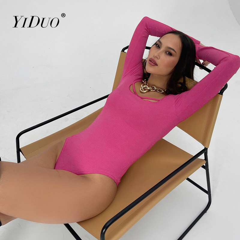 YiDuo Sexy la modă cu mânecă lungă Bodycon Topuri negru plin decupat subțire Body femei primăvară 2022 salopetă cu gât pătrat Streetwear