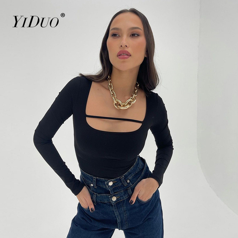 YiDuo Sexy la modă cu mânecă lungă Bodycon Topuri negru plin decupat subțire Body femei primăvară 2022 salopetă cu gât pătrat Streetwear
