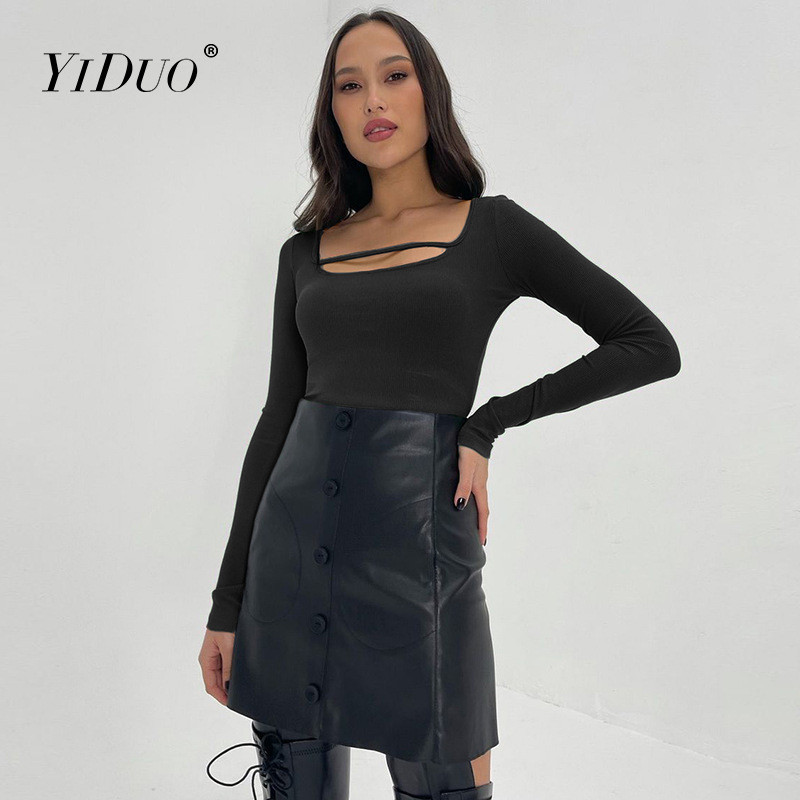 YiDuo Sexy la modă cu mânecă lungă Bodycon Topuri negru plin decupat subțire Body femei primăvară 2022 salopetă cu gât pătrat Streetwear