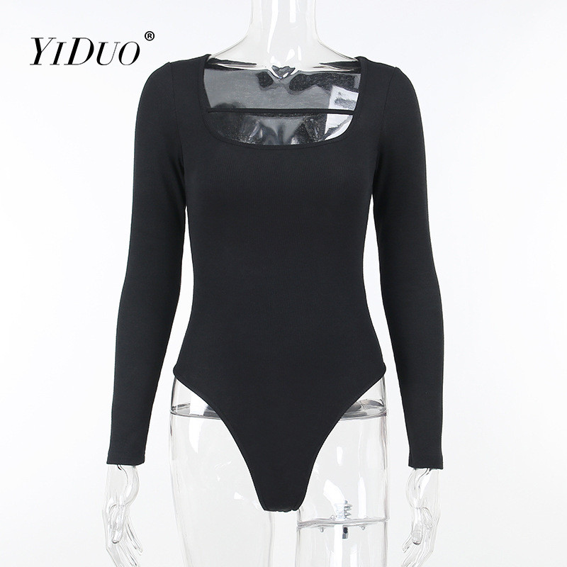 YiDuo Sexy la modă cu mânecă lungă Bodycon Topuri negru plin decupat subțire Body femei primăvară 2022 salopetă cu gât pătrat Streetwear