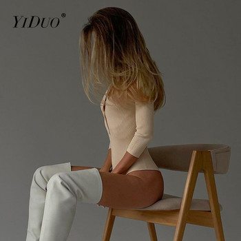 YiDuo 2022 Ново пролетно плътно боди с V-образно деколте и копчета с дълъг ръкав за жени, тънки горнища по тялото Секси клубно парти облегащо комбинезон
