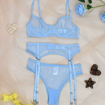 Σετ μαύρο σουτιέν 3 τεμαχίων Γυναικείο σετ εσωρούχων διάφανο See Through Mesh Γυναικείο σέξι κιλότο με ζώνη εσωρούχων με καλτσοδέτα