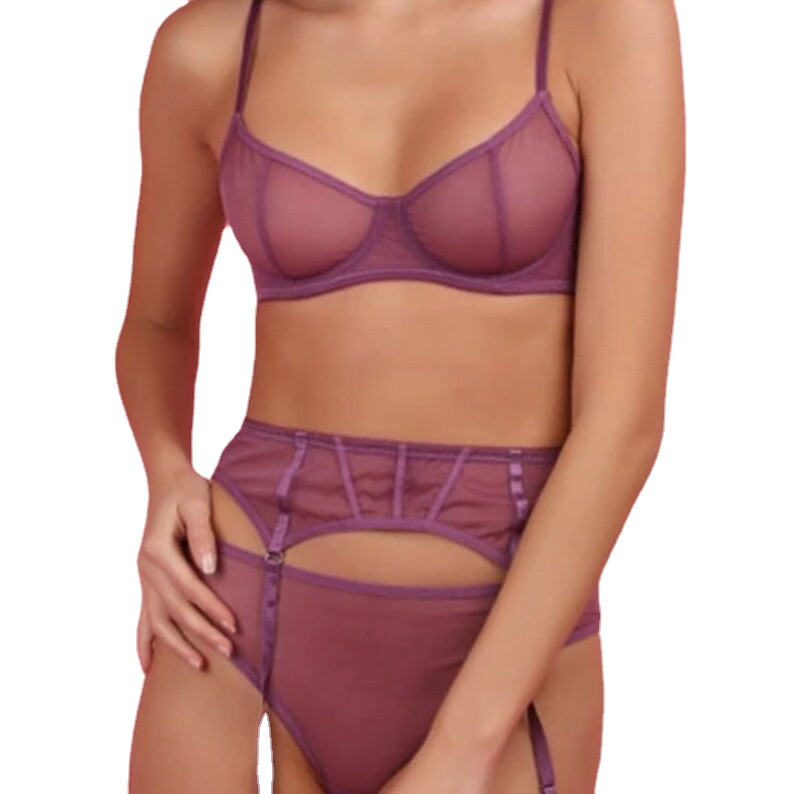 Σετ μαύρο σουτιέν 3 τεμαχίων Γυναικείο σετ εσωρούχων διάφανο See Through Mesh Γυναικείο σέξι κιλότο με ζώνη εσωρούχων με καλτσοδέτα