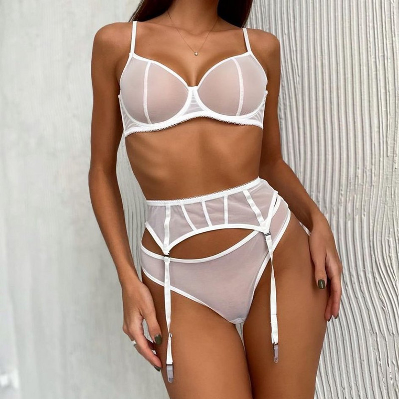 Σετ μαύρο σουτιέν 3 τεμαχίων Γυναικείο σετ εσωρούχων διάφανο See Through Mesh Γυναικείο σέξι κιλότο με ζώνη εσωρούχων με καλτσοδέτα