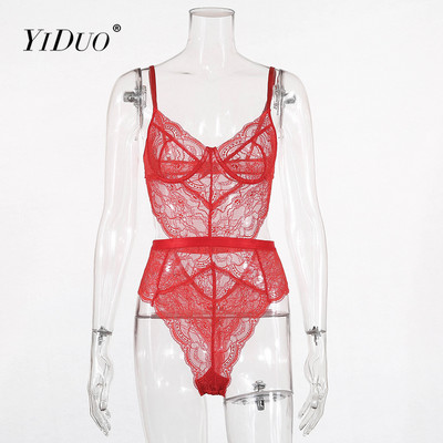 YiDuo Ljetni bodi od čipke Ženski cvjetni print V izrez Seksi bodi bez rukava Izrezani kombinezon 2021 Femlae Body Club Party Pink