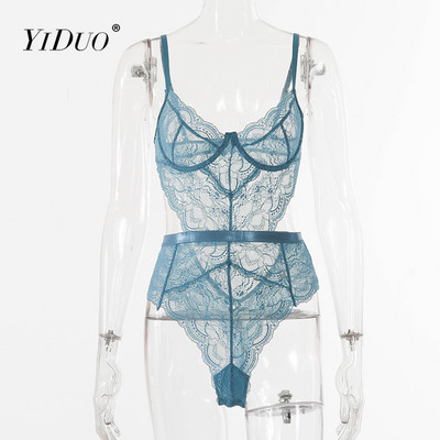 YiDuo Ljetni bodi od čipke Ženski cvjetni print V izrez Seksi bodi bez rukava Izrezani kombinezon 2021 Femlae Body Club Party Pink
