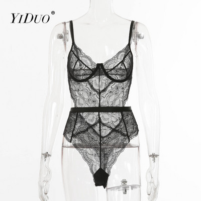 YiDuo Ljetni bodi od čipke Ženski cvjetni print V izrez Seksi bodi bez rukava Izrezani kombinezon 2021 Femlae Body Club Party Pink