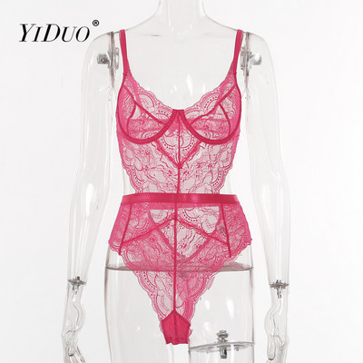 YiDuo Ljetni bodi od čipke Ženski cvjetni print V izrez Seksi bodi bez rukava Izrezani kombinezon 2021 Femlae Body Club Party Pink