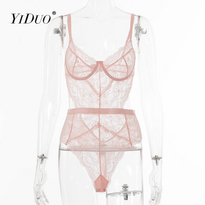 YiDuo Ljetni bodi od čipke Ženski cvjetni print V izrez Seksi bodi bez rukava Izrezani kombinezon 2021 Femlae Body Club Party Pink