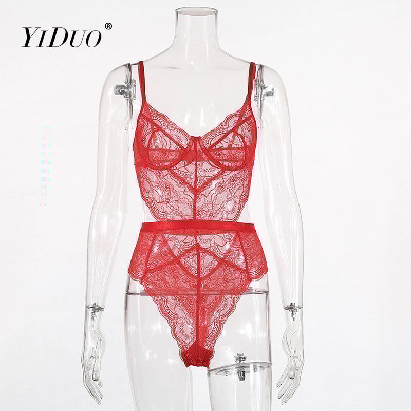 YiDuo Ljetni bodi od čipke Ženski cvjetni print V izrez Seksi bodi bez rukava Izrezani kombinezon 2021 Femlae Body Club Party Pink