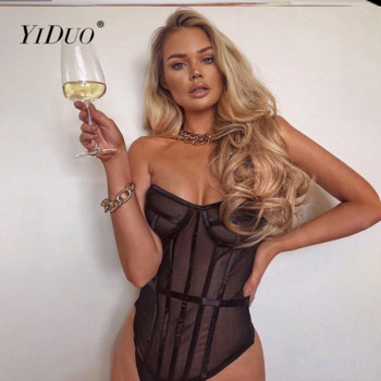 YiDuo Bustier Strapless Off Shoulder Μαύρο Διαφανές Διχτυωτό κορμάκι Sexy Party Club Body Tops See Through Teddies Γυναικείο κορμάκι