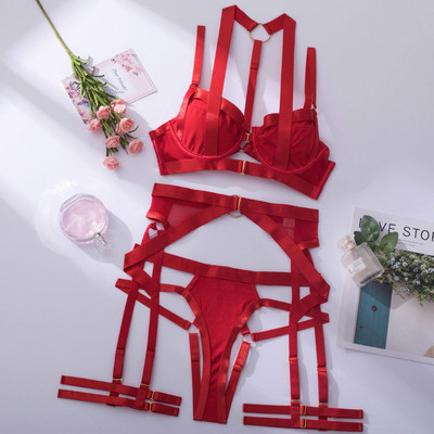 Lenjerie pentru femei Dantela de lux Bondage Sensual Intim 4 piese Transparent Push Up Sutien cu sârmă Lenjerie intima Set Bilizna