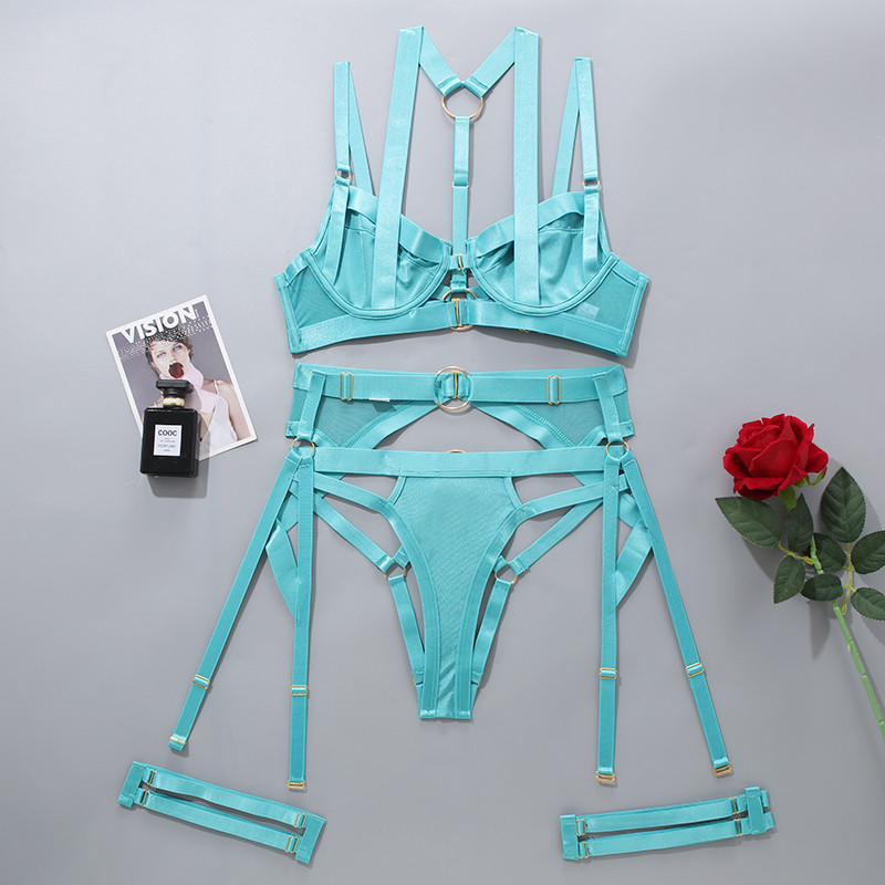 Lenjerie pentru femei Dantela de lux Bondage Sensual Intim 4 piese Transparent Push Up Sutien cu sârmă Lenjerie intima Set Bilizna