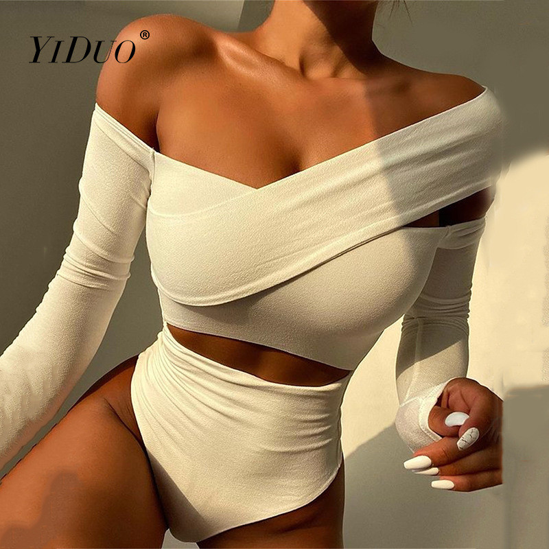 YiDuo Choker Halter Sexy Backless Fashion Bandage Party Body Femei Solid Bodycon Topuri Salopetă Decupată Body cu mânecă lungă