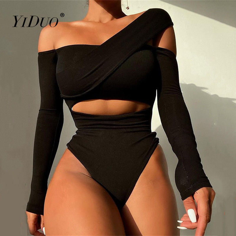 YiDuo Choker Halter Sexy Backless Fashion Bandage Party Body Femei Solid Bodycon Topuri Salopetă Decupată Body cu mânecă lungă