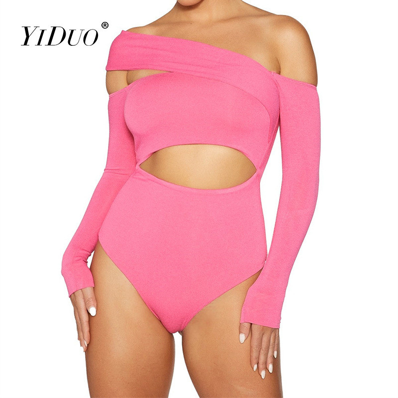 YiDuo Choker Halter Sexy Backless Fashion Bandage Party Body Femei Solid Bodycon Topuri Salopetă Decupată Body cu mânecă lungă