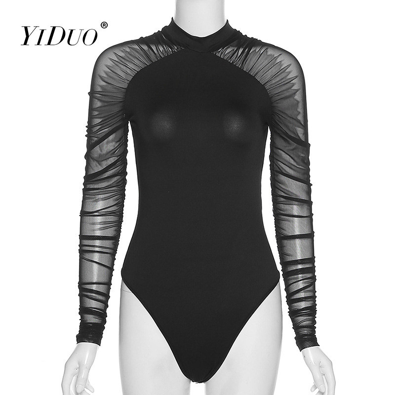 YiDuo Body sexy din plasă neagră mozaic cu mânecă lungă pentru femei, toamnă, cu decolteu în formă de O, body body, topuri pentru femei, club dintr-o singură bucată