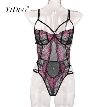 YiDuo Sensual Transparent Bodysuit Women Hot Sexy Lingerie Erotic Costumes Floral Cut Out Black Lace Bodysuit Clubwear Tops 2022