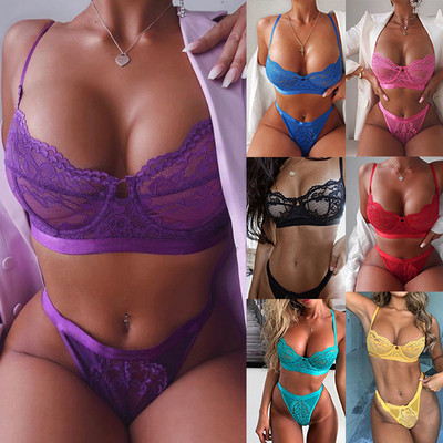 Set de sutien din dantelă, 2 bucăți, set de slip transparent pentru femei, lenjerie de corp fără cusături, chiloți, set de lenjerie erotică pentru femei, bralette cu goluri sexy