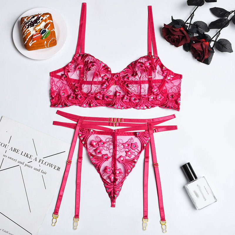 Set Sutien și Chiloți Sexy Lenjerie Broderie Lenjerie Intima Dantela Paiete Seturi Slip Erotic G-Strings Tanga Lenjerie Costume 