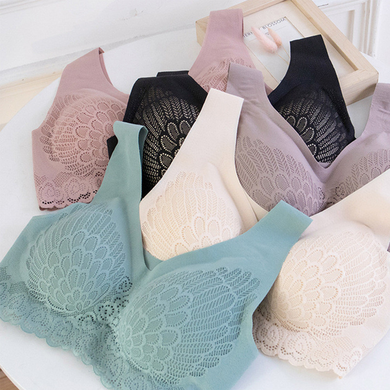 ΝΕΟ Σουτιέν χωρίς σύρμα Άνετα και χωρίς ραφές Γυναικεία εσώρουχα δαντέλα συν μέγεθος Εσώρουχα Σουτιέν χωρίς ραφή με Gathers Pad Bra Bh